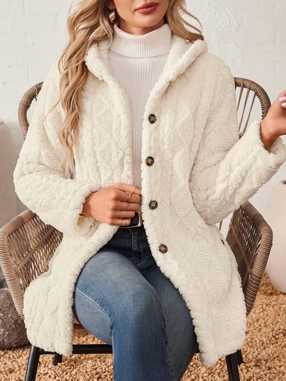 Women's Cream Sherpa Hood Teddy Jacket - Picture 2 of 7